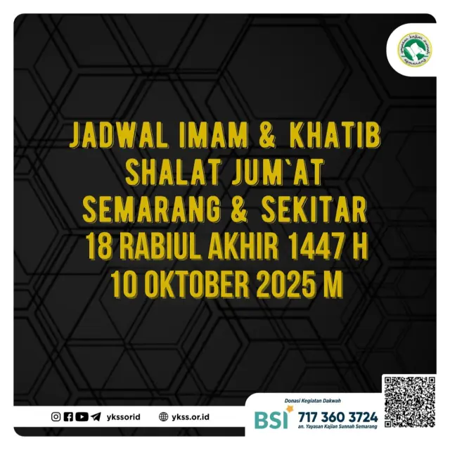 Jadwal Imam dan Khatib Shalat Jum’at Semarang dan Sekitarnya 18 Rabiul Akhir 1447 H / 10 Oktober 2025 M