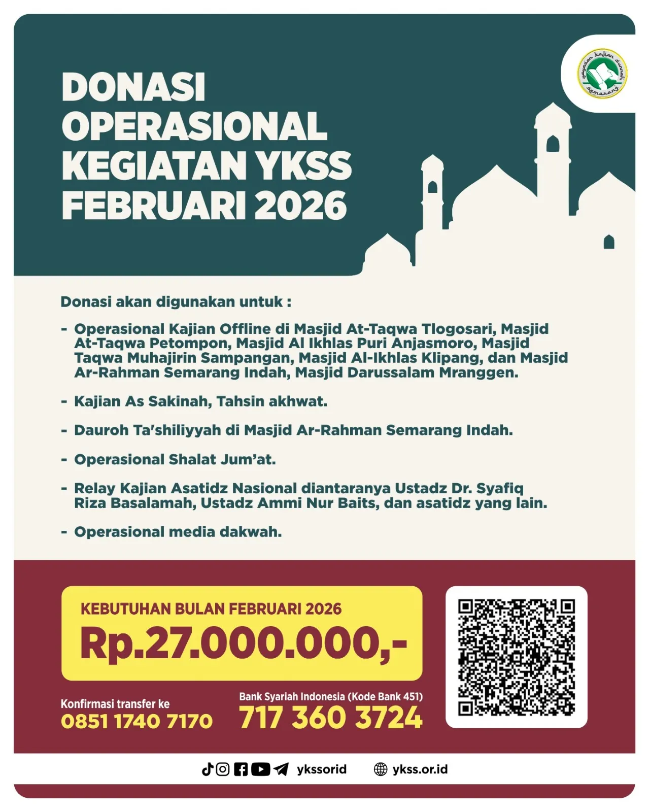 Donasi Kegiatan Operasional Kajian Rutin YKSS Selama Bulan Februari 2026 Donasi Kegiatan Operasional Kajian Rutin YKSS Selama Bulan Februari 2026