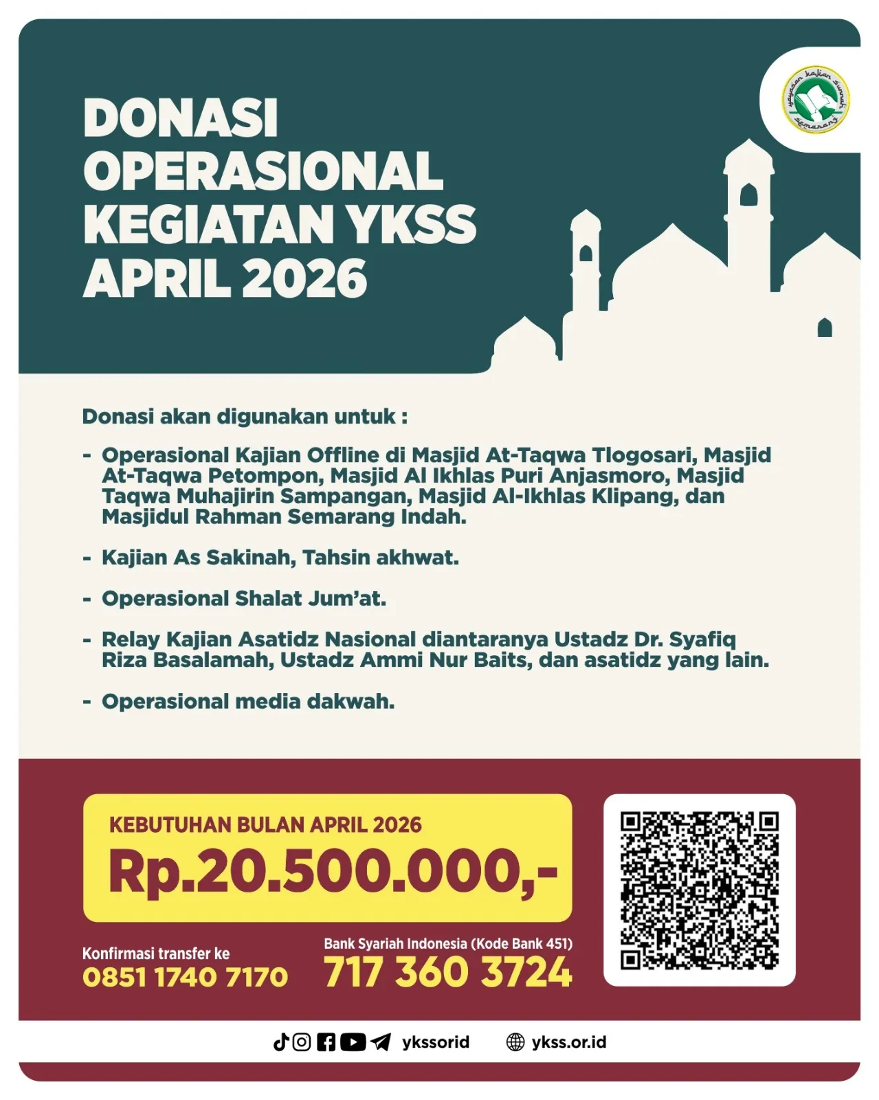 Donasi Kegiatan Operasional Kajian Rutin YKSS Selama Bulan April 2026